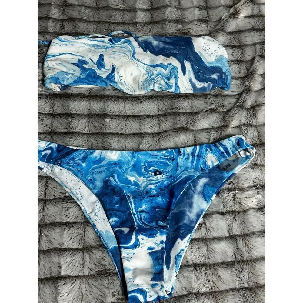 SHEIN Women’s Blue Marble Print Bikini Set Size Medium